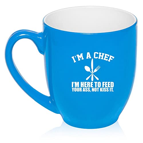 16 oz Large Bistro Mug Ceramic Coffee Tea Glass Cup Chef Here To Feed You (Light Blue),MIP