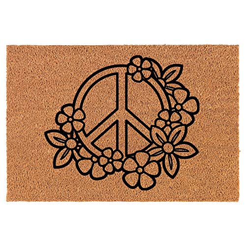 Coir Doormat Front Door Mat New Home Closing Housewarming Gift Peace Sign with Flowers (24" x 16" Small)
