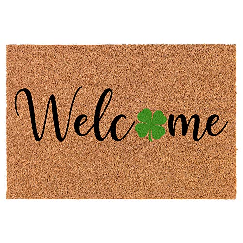 Coir Doormat Front Door Mat New Home Closing Housewarming Gift Welcome 4 Leaf Clover Shamrock St Patrick's Day (30" x 18" Standard)