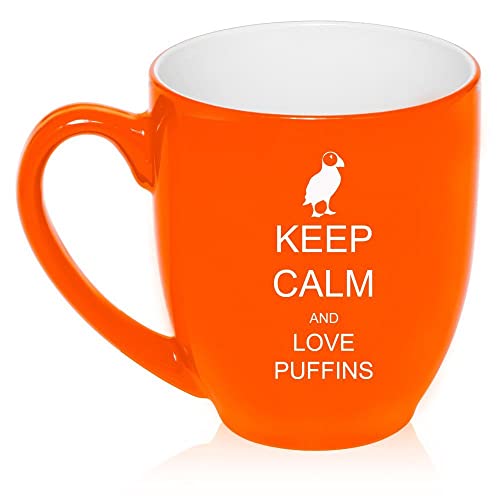 16 oz Large Bistro Mug Ceramic Coffee Tea Glass Cup Keep Calm and Love Puffins (Orange),MIP