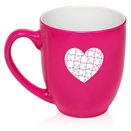 16 oz Hot Pink Large Bistro Mug Ceramic Coffee Tea Glass Cup Heart Puzzle Autism,MIP