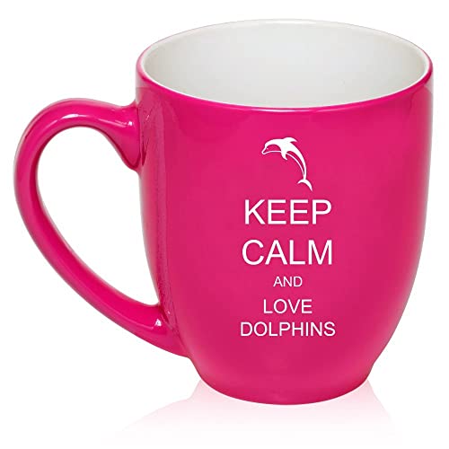 16 oz Large Bistro Mug Ceramic Coffee Tea Glass Cup Keep Calm and Love Dolphins (Hot Pink),MIP