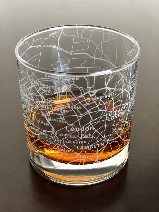Rocks Whiskey Old Fashioned Glass Urban City Map London, UK