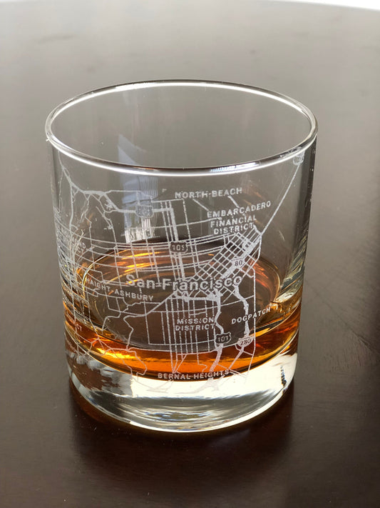 Rocks Whiskey Old Fashioned Glass Urban City Map San Francisco, CA