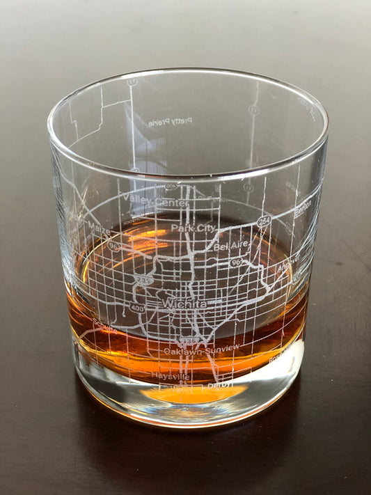 Rocks Whiskey Old Fashioned Glass Urban City Map Wichita, KS