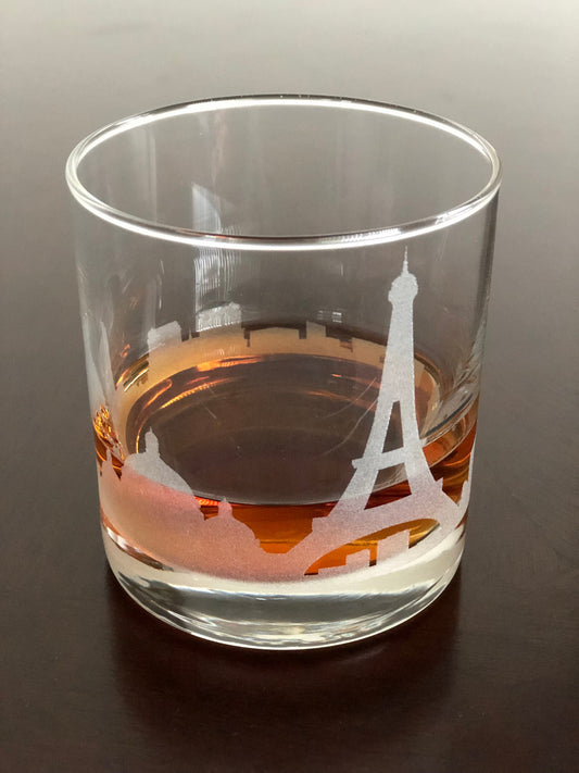Rocks Whiskey Old Fashioned Glass Paris, France Skyline