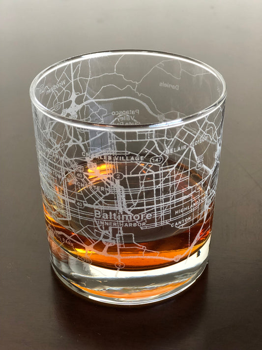 Rocks Whiskey Old Fashioned Glass Urban City Map Baltimore, MD
