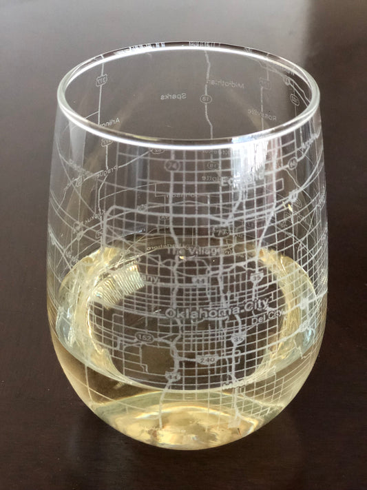 Stemless Wine Glass Urban City Map Oklahoma City, OK