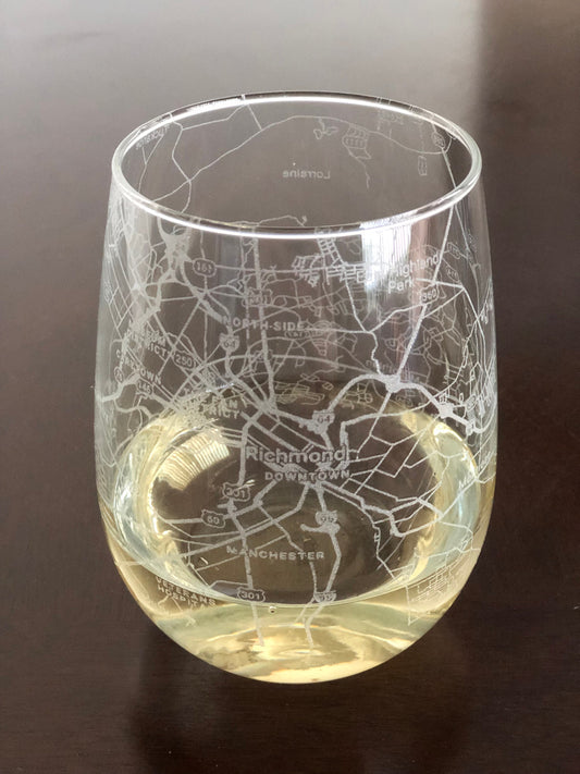 Stemless Wine Glass Urban City Map Richmond, VA