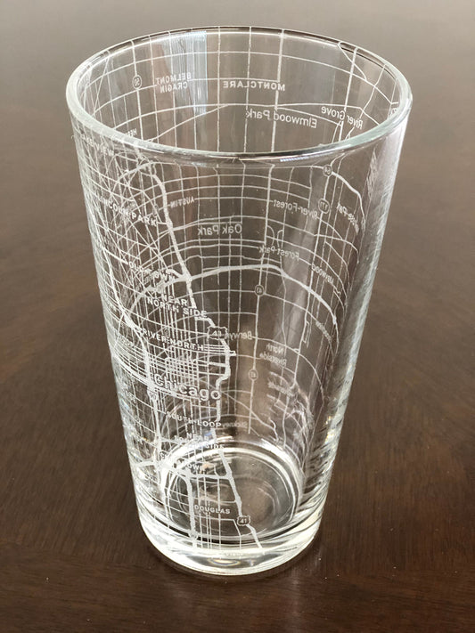 16 oz Pint Beer Glass Urban City Map Chicago, IL