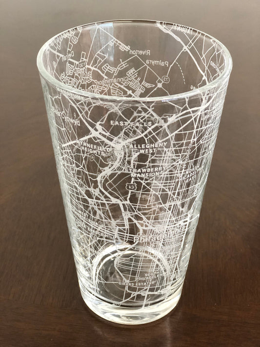 16 oz Pint Beer Glass Urban City Map Philadelphia, PA