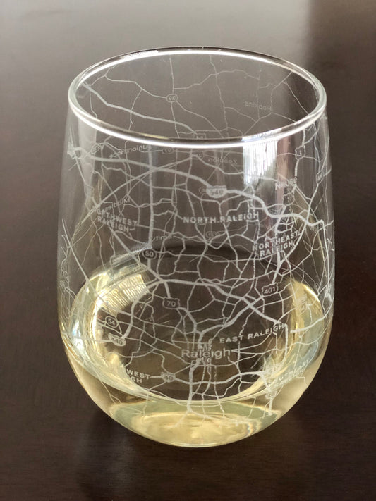 Stemless Wine Glass Urban City Map Raleigh, NC