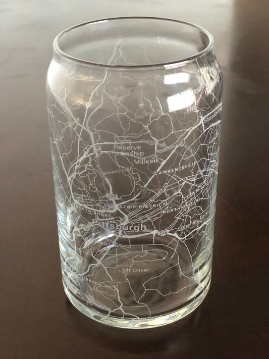 16 oz Beer Can Glass Urban City Map Pittsburgh, PA