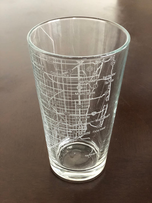 16 oz Pint Beer Glass Urban City Map Miami, FL