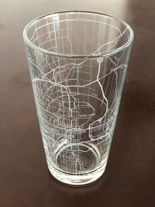 16 oz Pint Beer Glass Urban City Map Omaha, NE