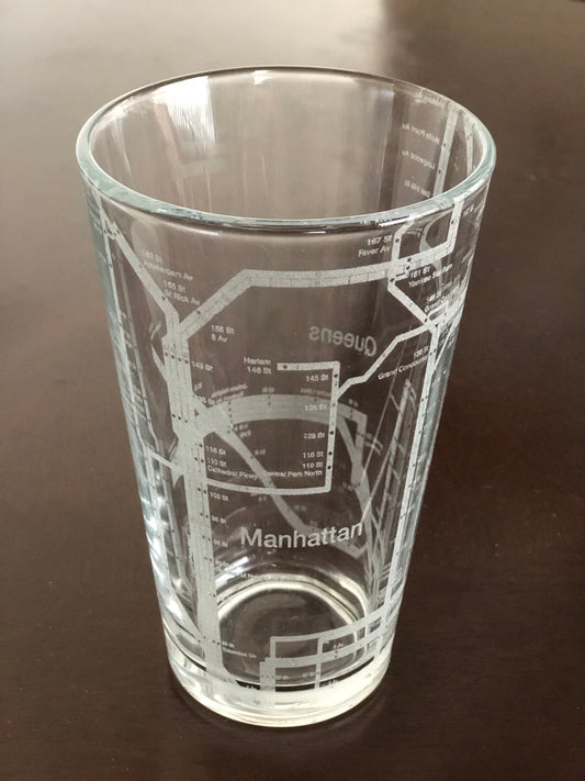 16 oz Pint Beer Glass Urban City Map New York City Subway Manhattan Queens