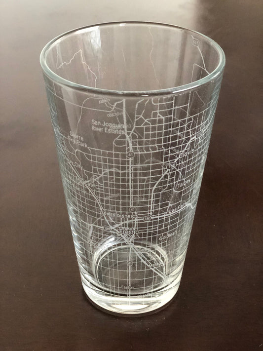 16 oz Pint Beer Glass Urban City Map Fresno, CA