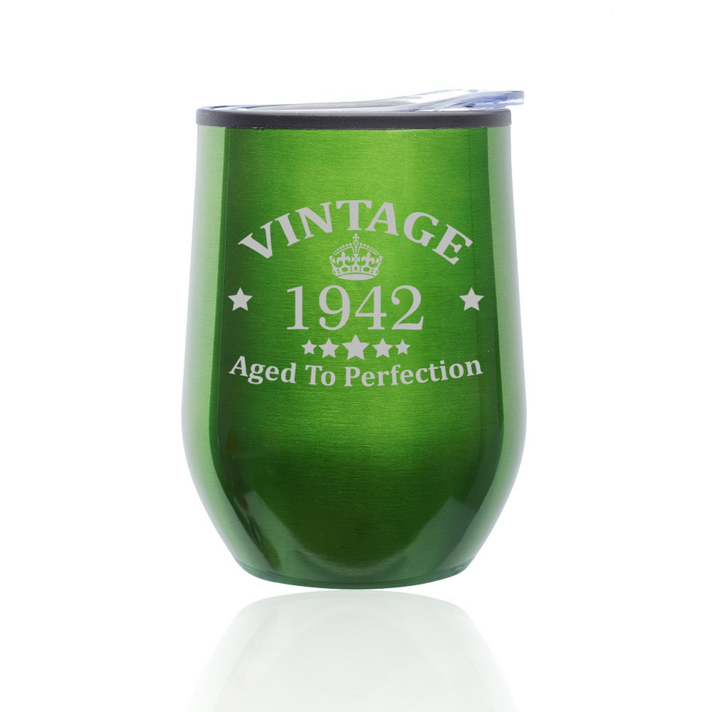 Vintage Aged To Perfection 1942 80th Birthday Funny Stemless Wine Tumbler Coffee Travel Mug Glass with Lid