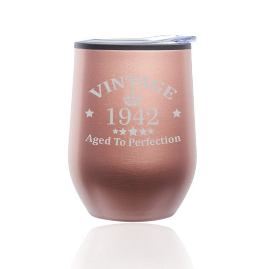 Vintage Aged To Perfection 1942 80th Birthday Funny Stemless Wine Tumbler Coffee Travel Mug Glass with Lid