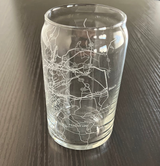 16 oz Beer Can Glass Urban City Map Virginia Beach, VA