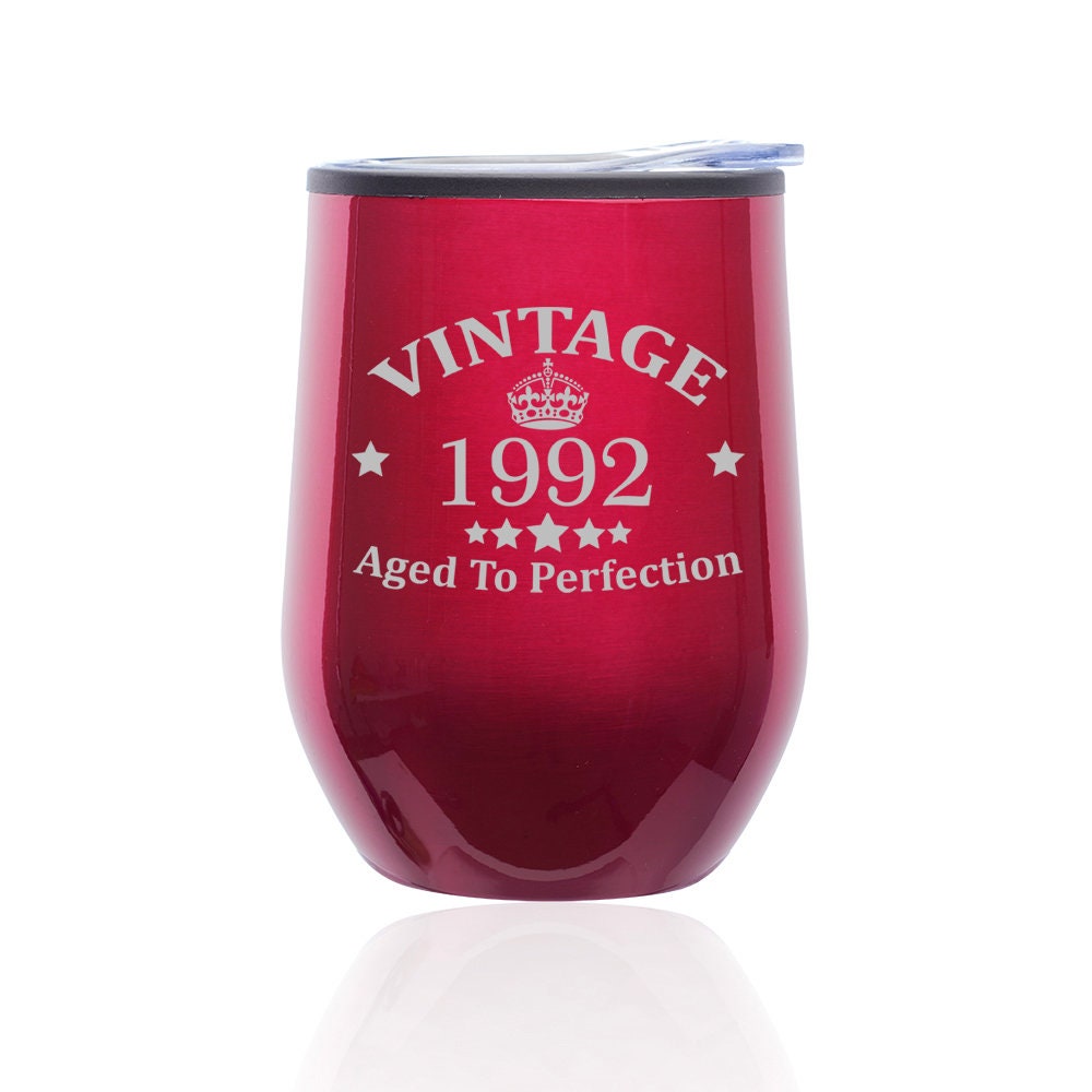 Vintage Aged To Perfection 1992 30th Birthday Funny Stemless Wine Tumbler Coffee Travel Mug Glass with Lid
