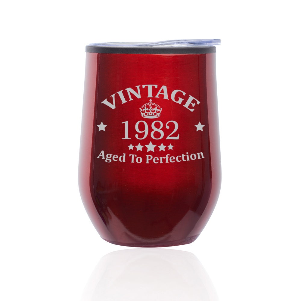 Vintage Aged To Perfection 1982 40th Birthday Funny Stemless Wine Tumbler Coffee Travel Mug Glass with Lid