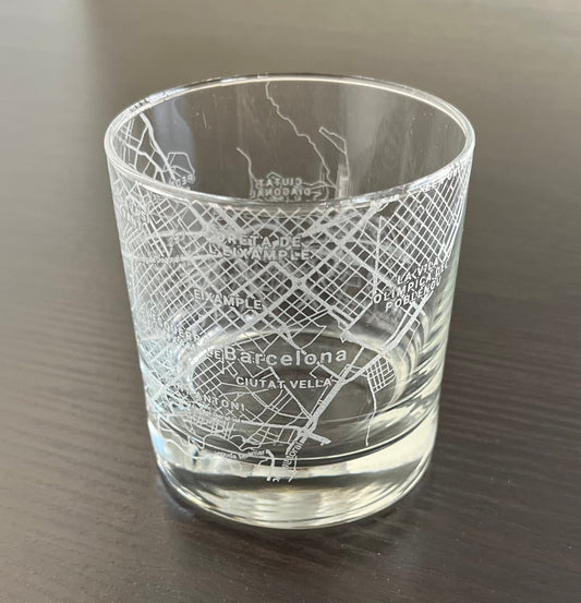 Rocks Whiskey Old Fashioned Glass Urban City Map Barcelona, Spain