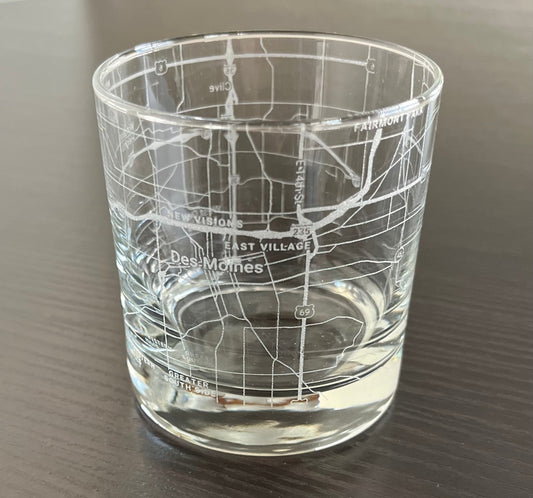 Rocks Whiskey Old Fashioned Glass Urban City Map Des Moines, IA