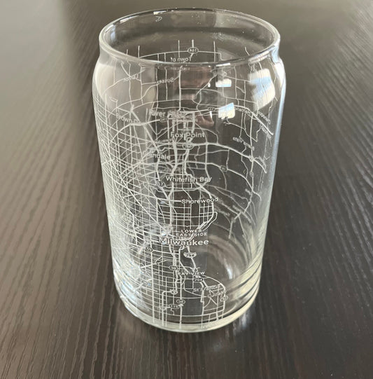 16 oz Beer Can Glass Urban City Map Milwaukee, WI