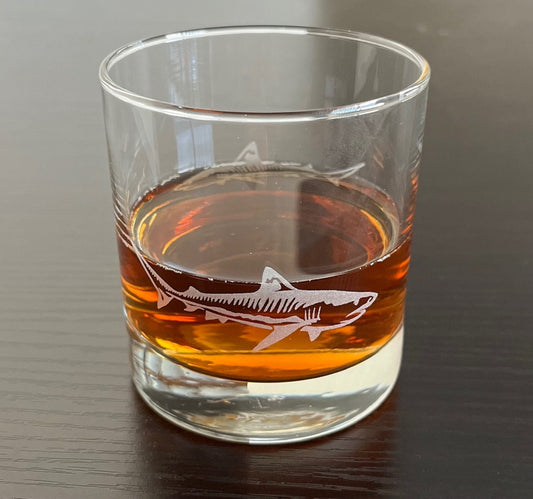 Rocks Whiskey Old Fashioned Glass Tiger Shark 2 Sided Swimming In Glass
