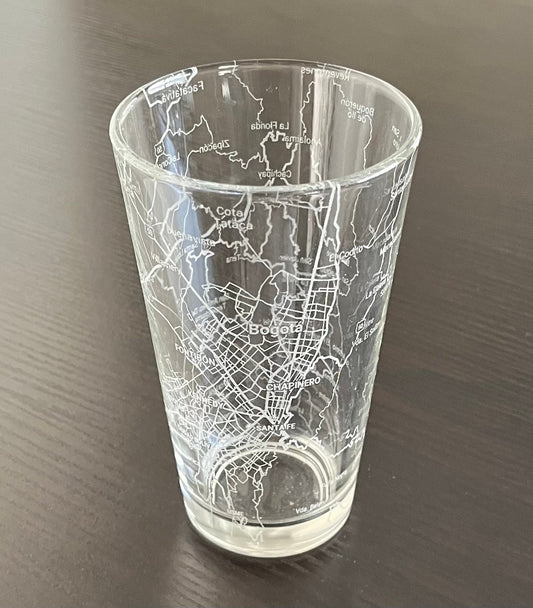 16 oz Pint Beer Glass Urban City Map Bogota, Colombia