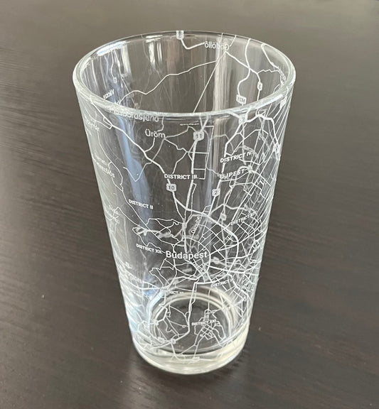 16 oz Pint Beer Glass Urban City Map Budapest, Hungary