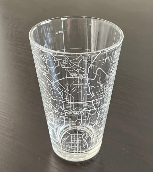 16 oz Pint Beer Glass Urban City Map Calgary, AB, Canada