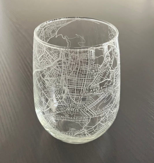 Stemless Wine Glass Urban City Map Athens, Greece