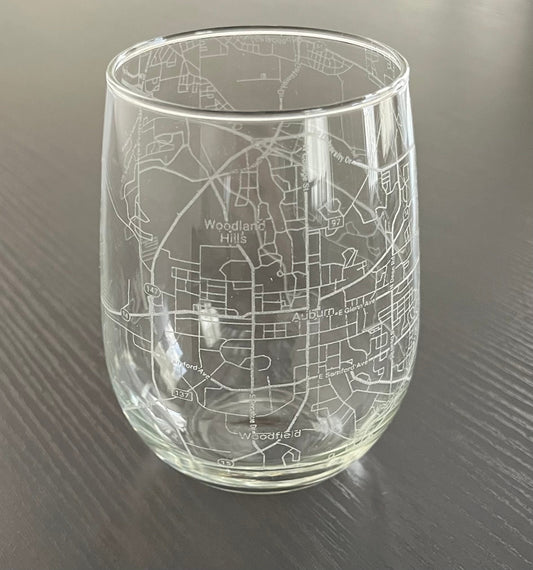 Stemless Wine Glass Urban City Map Auburn, AL