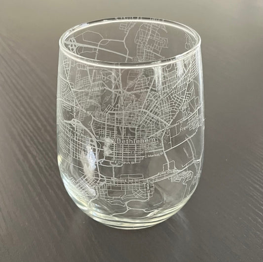 Stemless Wine Glass Urban City Map Bethlehem, PA