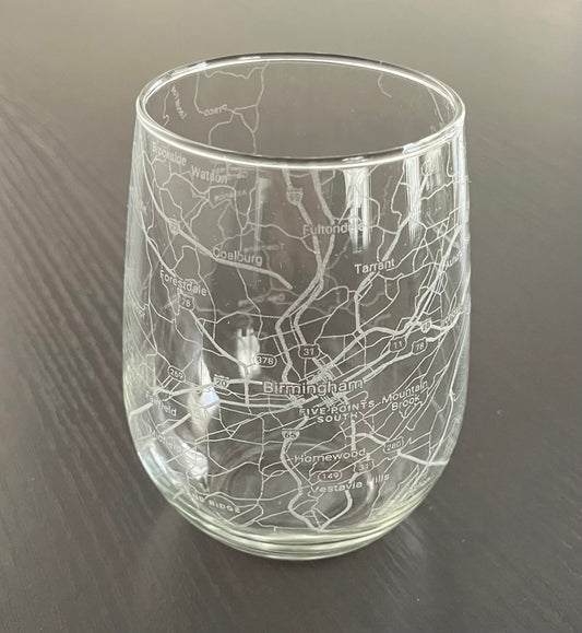 Stemless Wine Glass Urban City Map Birmingham, AL