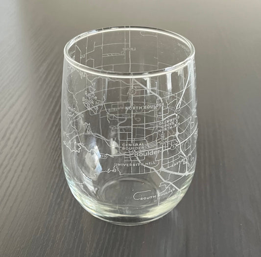 Stemless Wine Glass Urban City Map Boulder, CO