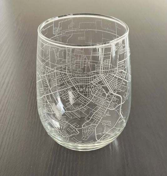 Stemless Wine Glass Urban City Map Lafayette, LA