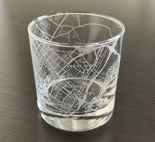 Rocks Whiskey Old Fashioned Glass Urban City Map Albany, NY