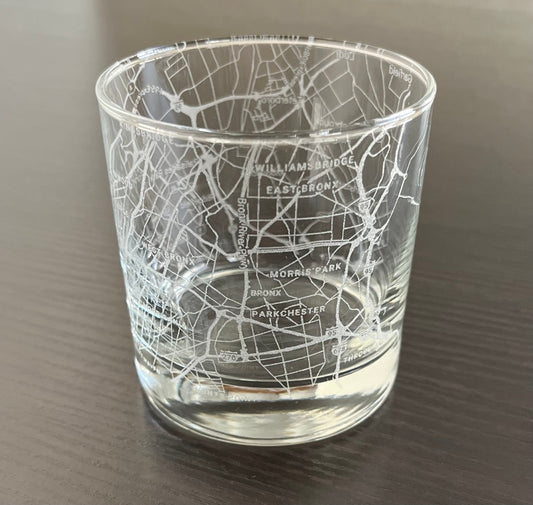 Rocks Whiskey Old Fashioned Glass Urban City Map Bronx, NY