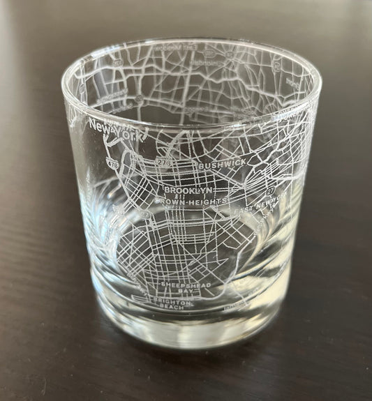 Rocks Whiskey Old Fashioned Glass Urban City Map Brooklyn, NY
