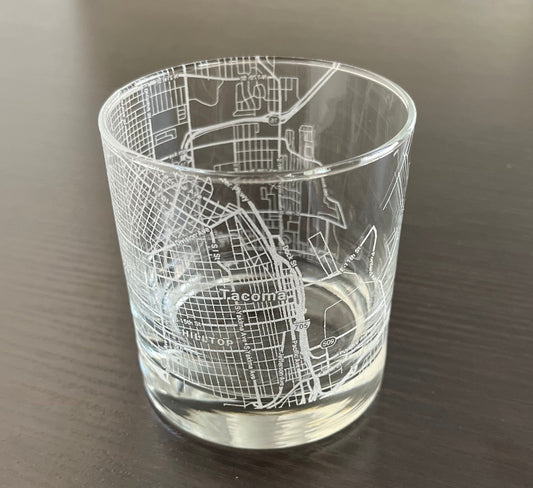 Rocks Whiskey Old Fashioned Glass Urban City Map Tacoma, WA