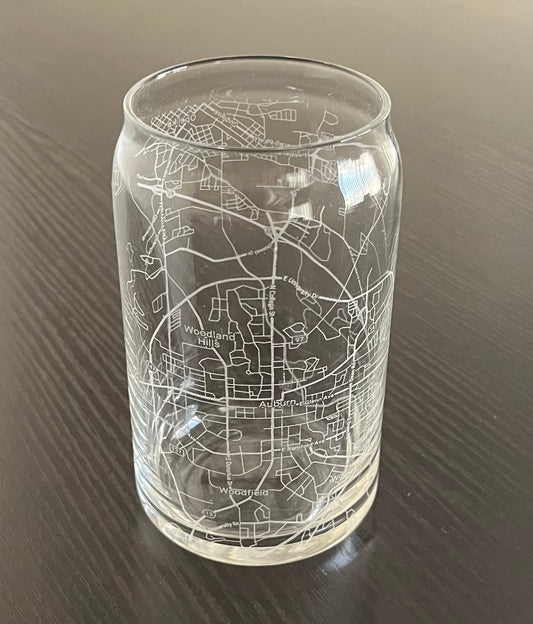 16 oz Beer Can Glass Urban City Map Auburn, AL