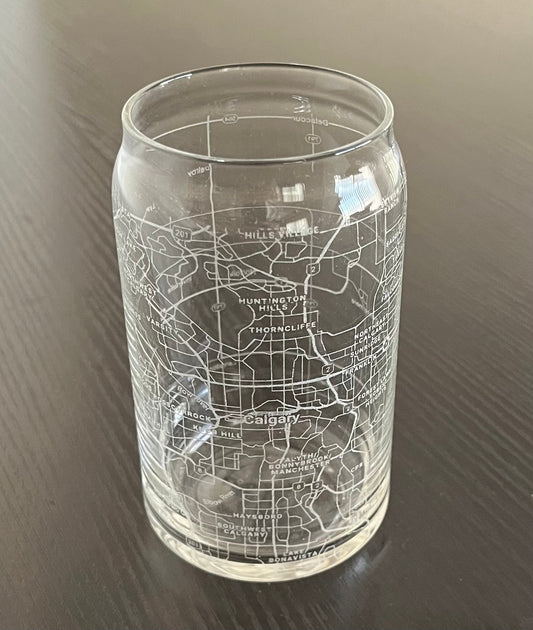 16 oz Beer Can Glass Urban City Map Calgary, AB, Canada