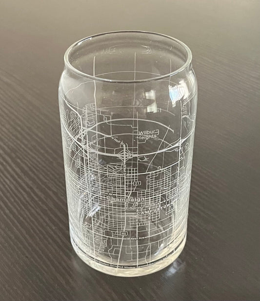 16 oz Beer Can Glass Urban City Map Champaign, IL