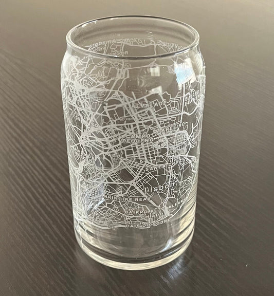 16 oz Beer Can Glass Urban City Map Lisbon, Portugal