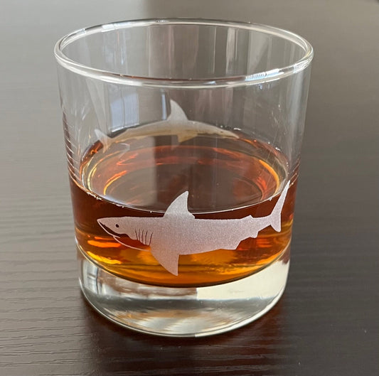 Rocks Whiskey Old Fashioned Glass Shark 2 Sided Swimming In Glass