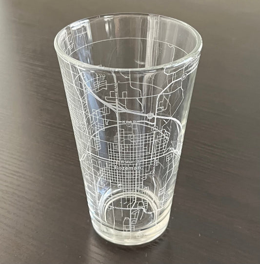 16 oz Pint Beer Glass Urban City Map Bozeman, MT