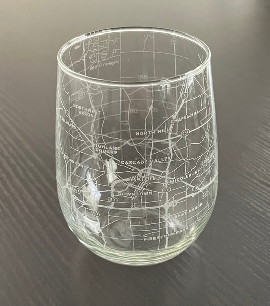 Stemless Wine Glass Urban City Map Akron, OH